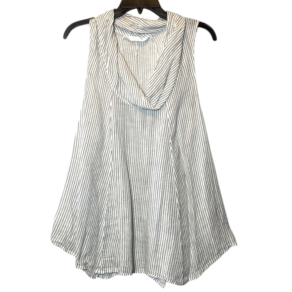 Luna Luz 100% Linen Top Women's XS White Black Pinstripe Sleeveless Cowl Neck